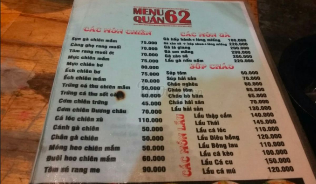 menu quán nhậu 62 Văn Cao