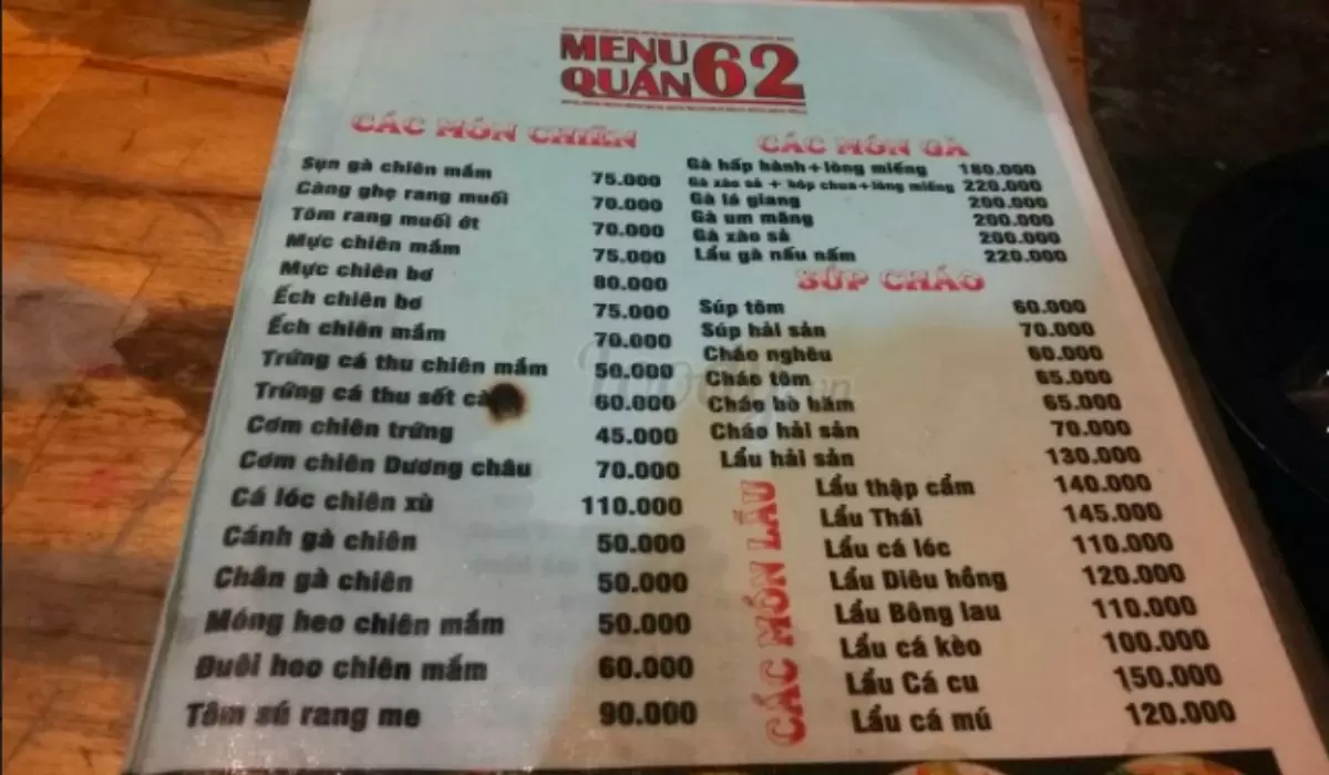 menu quán nhậu 62 Văn Cao