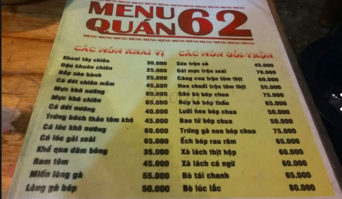 menu quán nhậu 62 Văn Cao