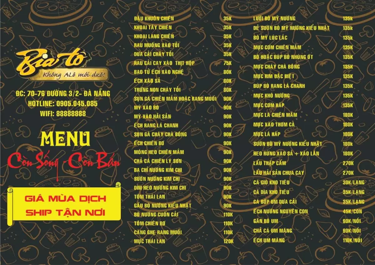 menu bia tô lão đại