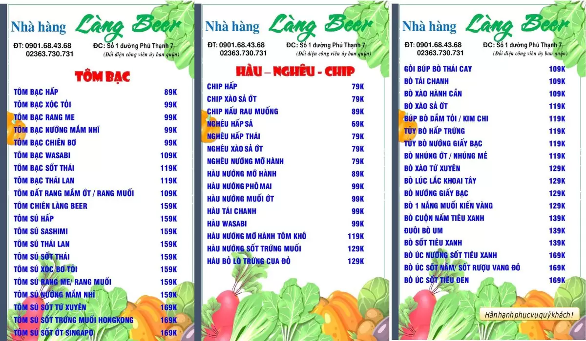 menu làng beer