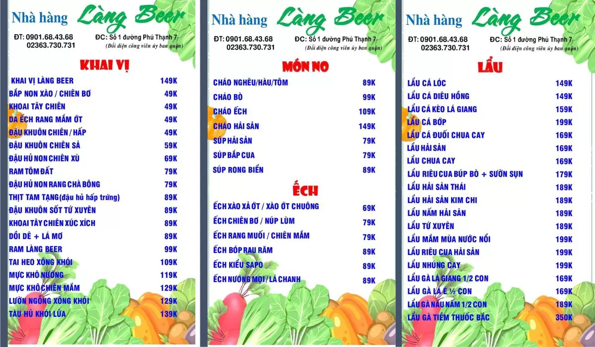 menu làng beer