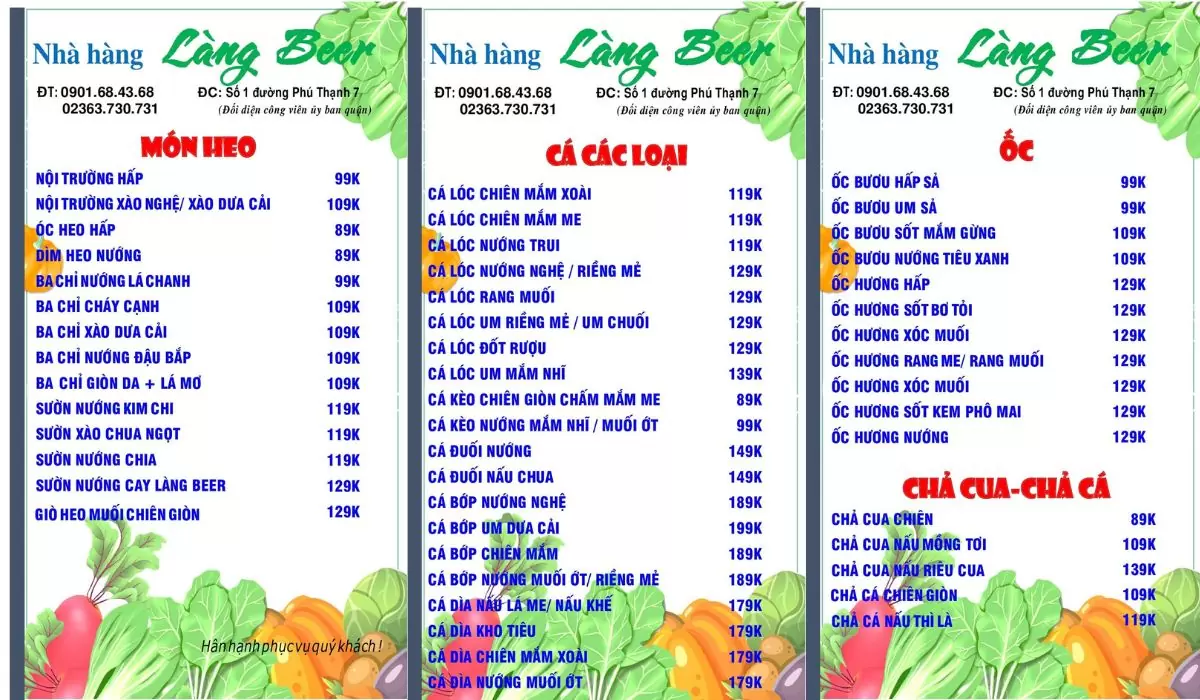 menu làng beer