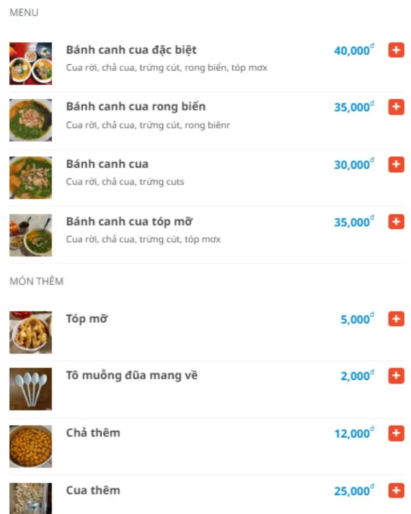 Menu quán Bánh Canh Cua Rong Biển Hai Mập