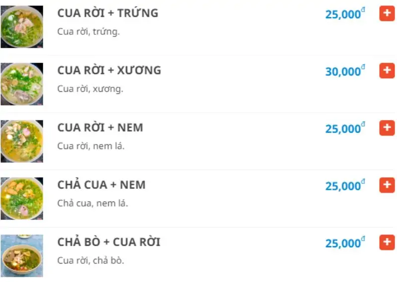 Menu quán Bánh Canh Cua Rời Bé Nghiệm
