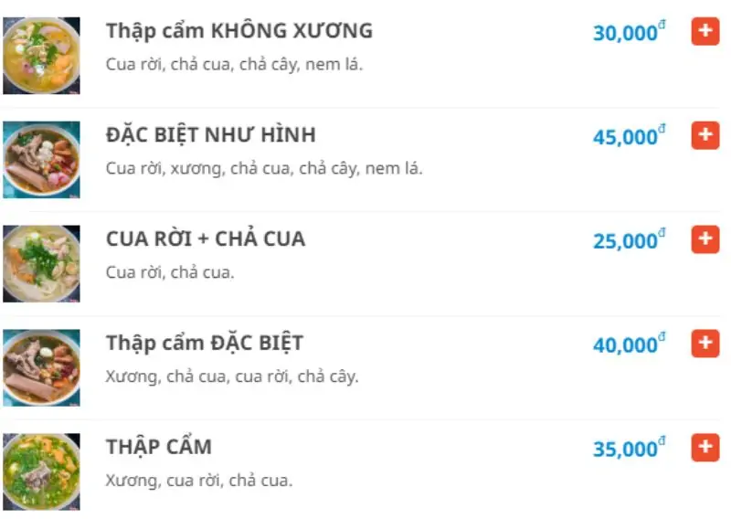 Menu quán Bánh Canh Cua Rời Bé Nghiệm