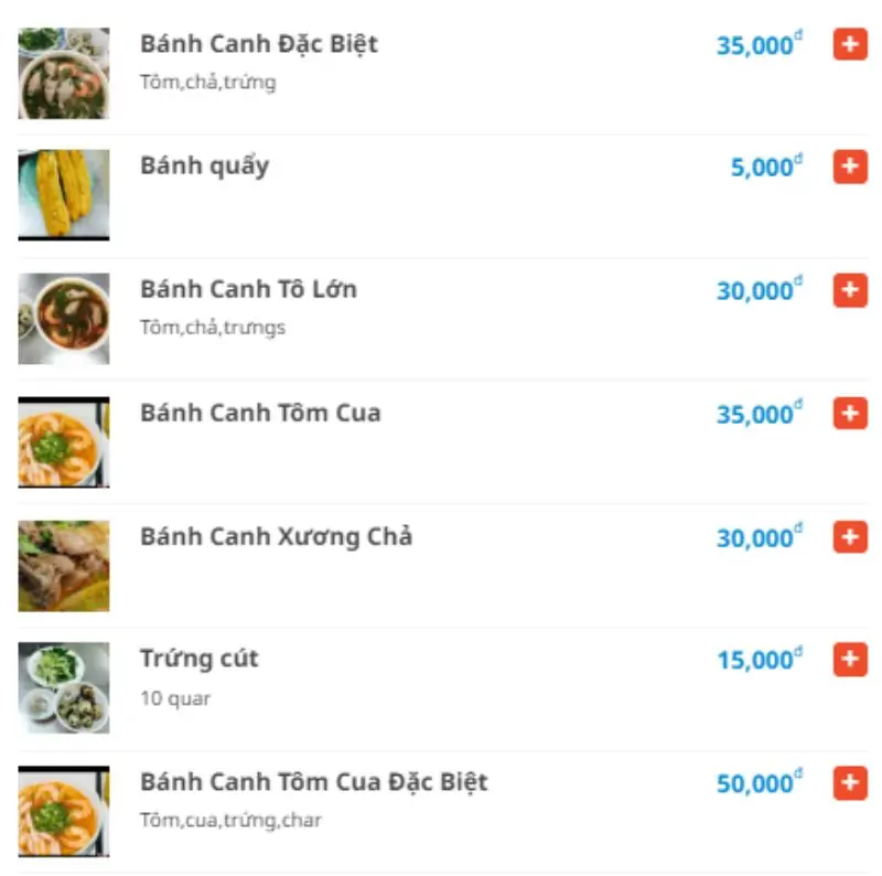 Menu của quán Bánh canh Bà Đợi