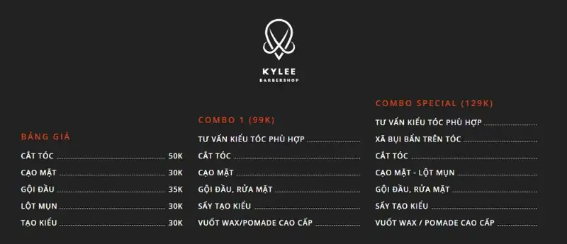Giá các dịch vụ cắt tóc tại KyLee Barber Shop