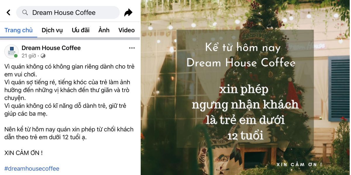 dream house coffe từ chối nhận khách dưới 12 tuổi