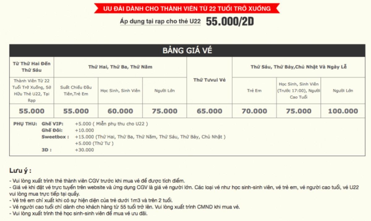 Giá vé rạp chiếu phim CGV Vincom Đà Nẵng