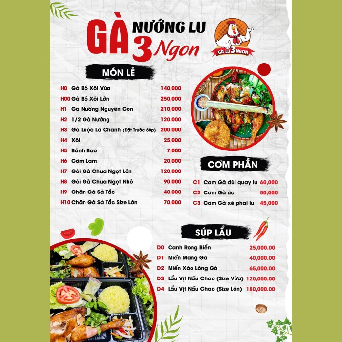 menu quán Gà Nướng Lu 3 Ngon Đà Nẵng