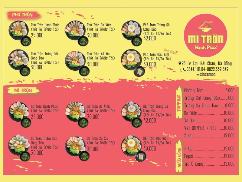 menu quán mì trộn Hạnh Phúc Đà Nẵng