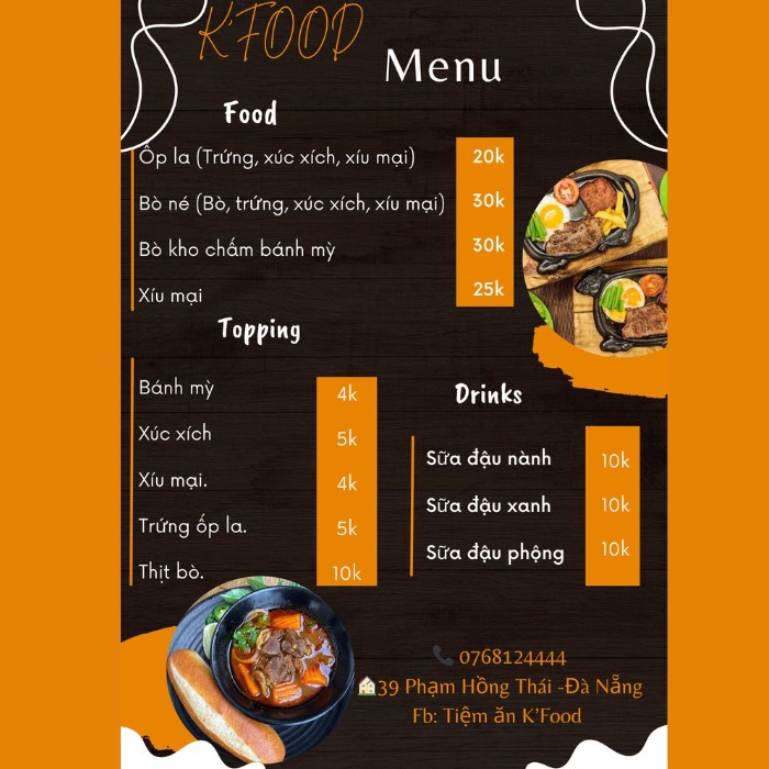 Menu của tiệm ăn K’Food Đà Nẵng