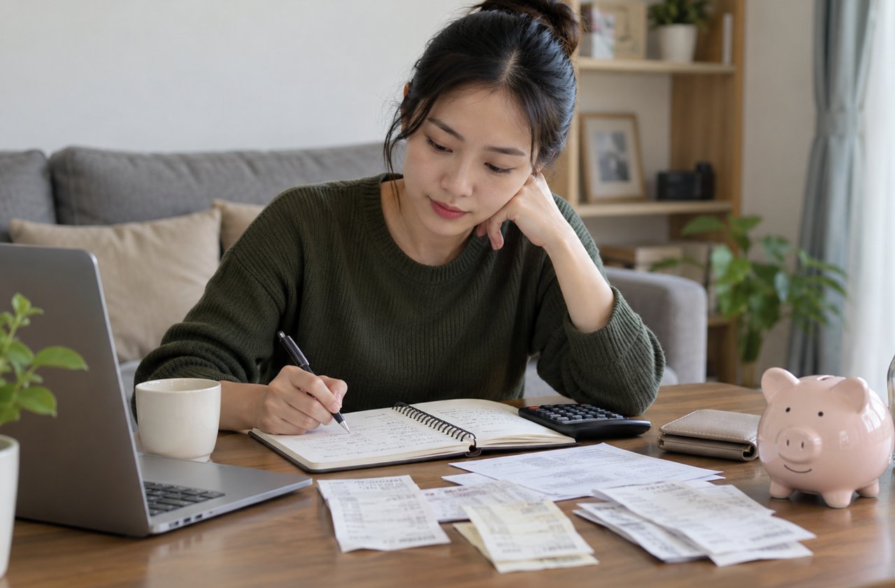 Tính chi phí rang xay cà phê cho hộ gia đình làm cà phê bột bán lẻ 2 Người phụ nữ ngồi bên bàn ghi chép vào sổ, cạnh máy tính cầm tay, xấp hóa đơn, chiếc ví và heo đất
