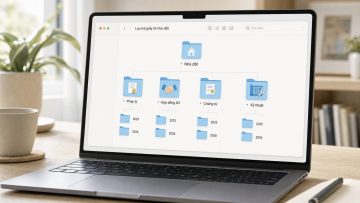 Máy tính xách tay mở cây thư mục lưu trữ giấy tờ chia theo nhóm Pháp lý, Hợp đồng DV, Chứng từ, Kỹ thuật và theo năm 2025, 2026